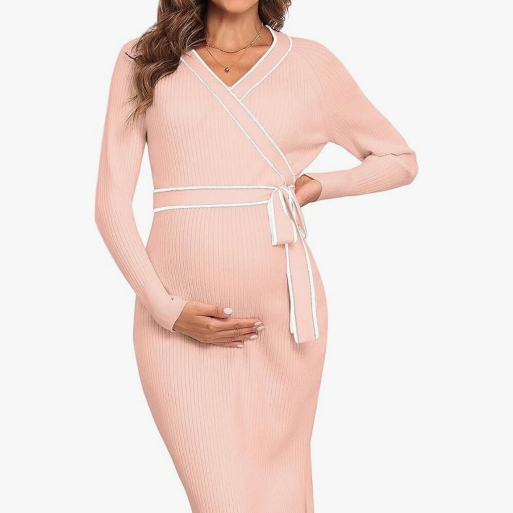 NEW Sealed V for City Maternity Sweater Dress Long Sleeve Wrap V neck Knit Med - Picture 2 of 5